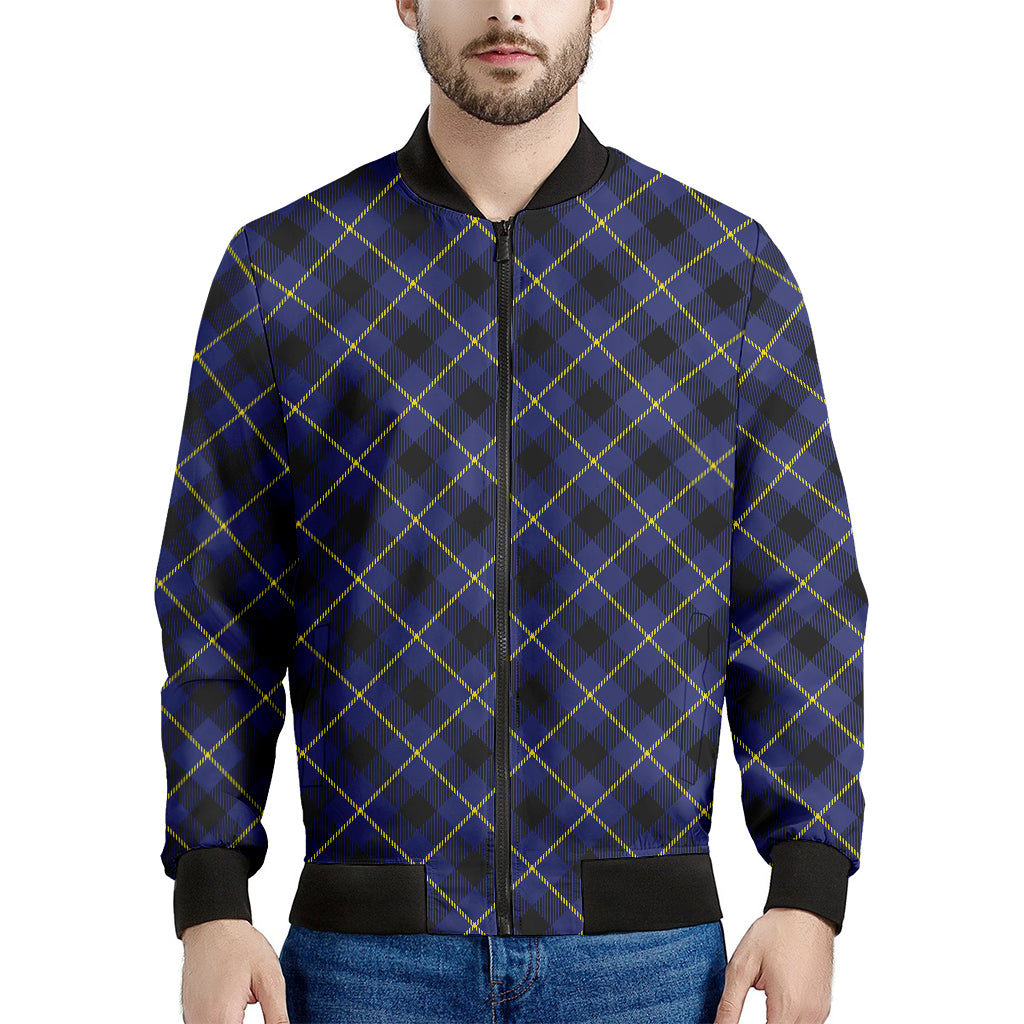 Blue Black And Yellow Plaid Print Men's Bomber Jacket