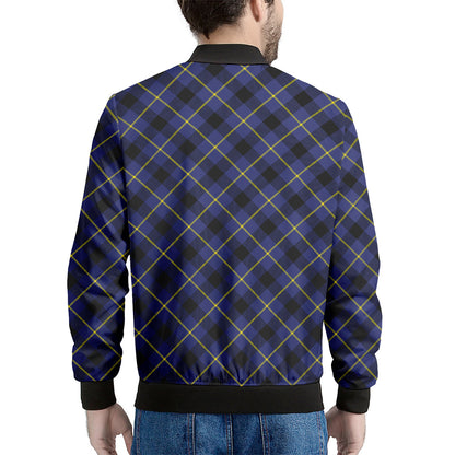 Blue Black And Yellow Plaid Print Men's Bomber Jacket