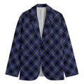 Blue Black And Yellow Plaid Print Men's Cotton Blazer
