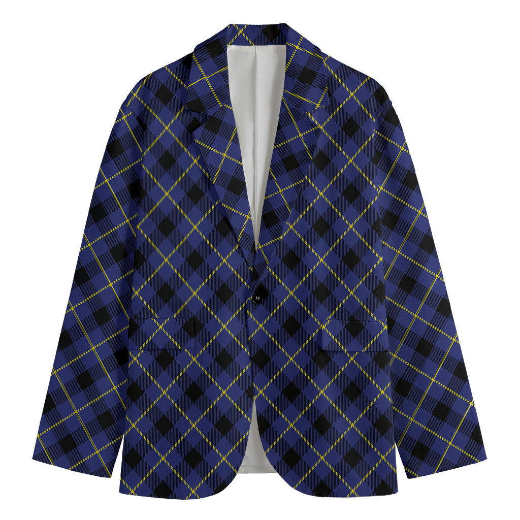 Blue Black And Yellow Plaid Print Men's Cotton Blazer