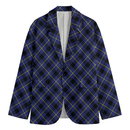 Blue Black And Yellow Plaid Print Men's Cotton Blazer