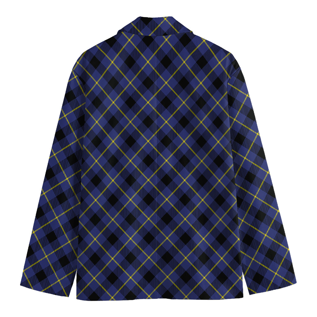 Blue Black And Yellow Plaid Print Men's Cotton Blazer