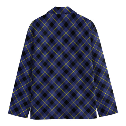 Blue Black And Yellow Plaid Print Men's Cotton Blazer