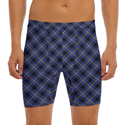 Blue Black And Yellow Plaid Print Men's Long Boxer Briefs