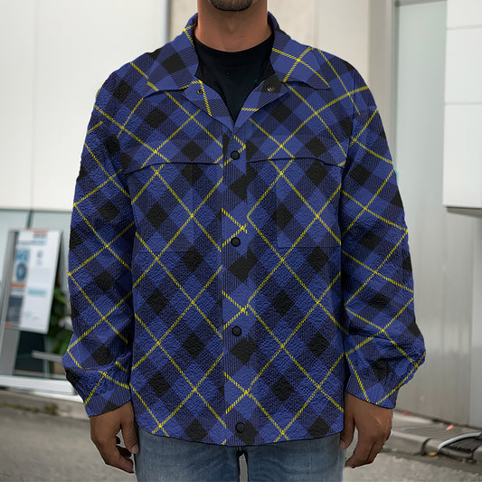 Blue Black And Yellow Plaid Print Men's Shirt Jacket