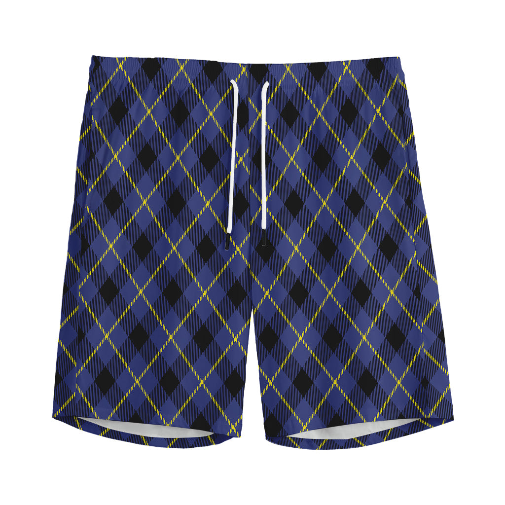 Blue Black And Yellow Plaid Print Men's Sports Shorts