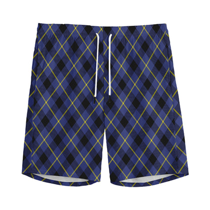 Blue Black And Yellow Plaid Print Men's Sports Shorts