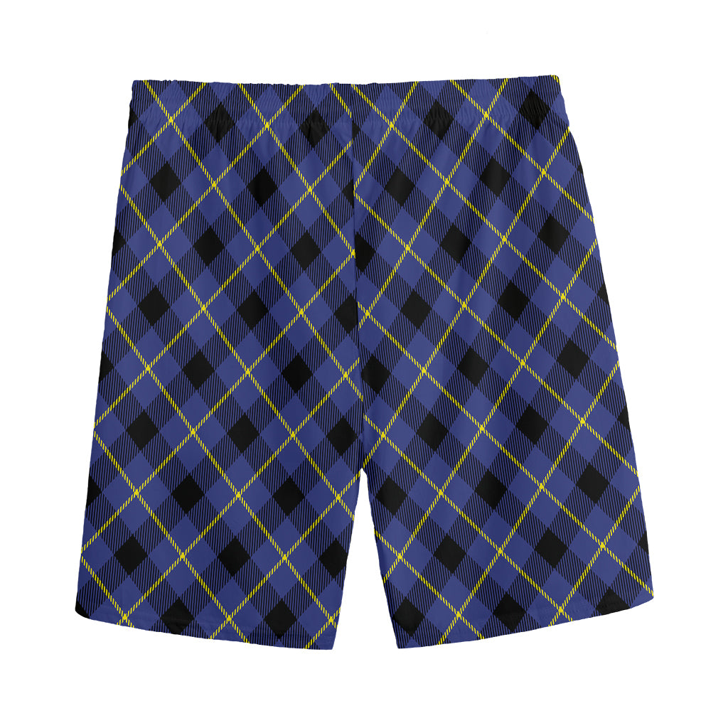 Blue Black And Yellow Plaid Print Men's Sports Shorts
