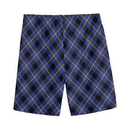 Blue Black And Yellow Plaid Print Men's Sports Shorts