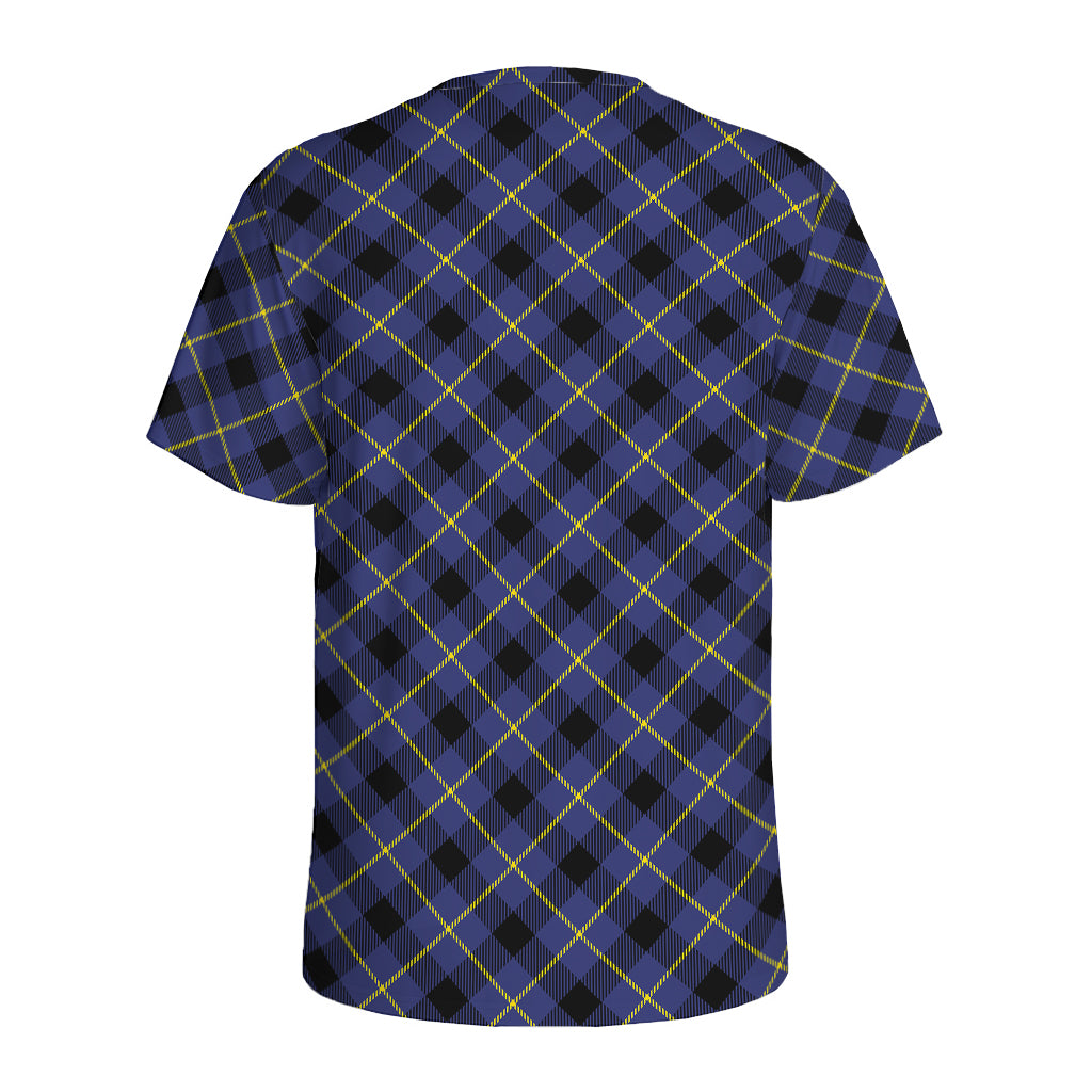 Blue Black And Yellow Plaid Print Men's Sports T-Shirt