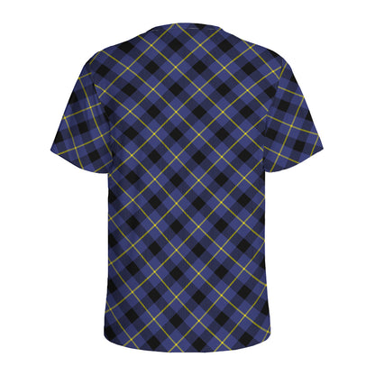 Blue Black And Yellow Plaid Print Men's Sports T-Shirt