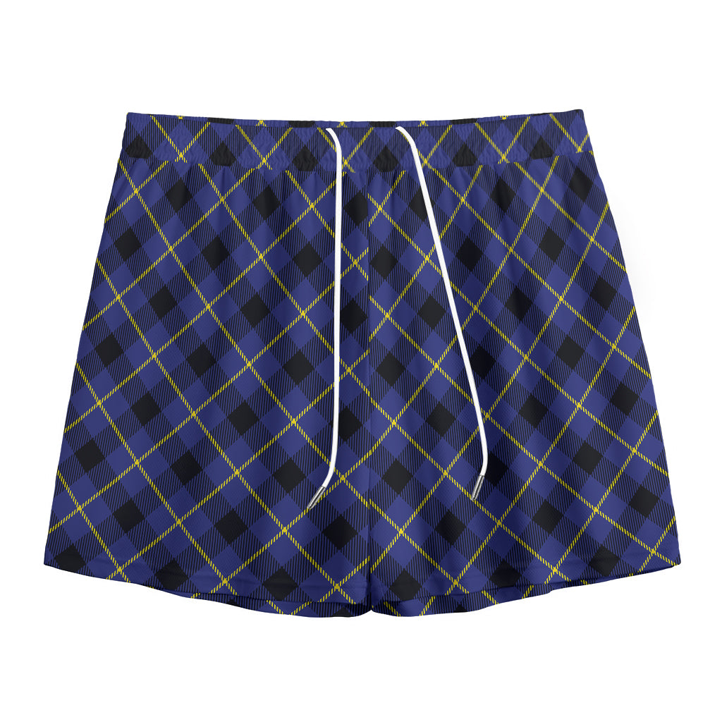 Blue Black And Yellow Plaid Print Mesh Shorts