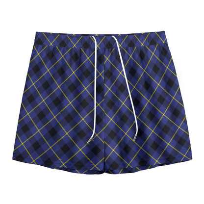 Blue Black And Yellow Plaid Print Mesh Shorts