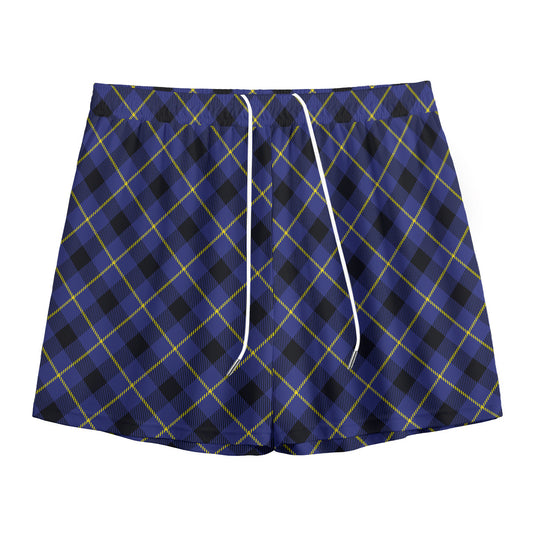 Blue Black And Yellow Plaid Print Mesh Shorts