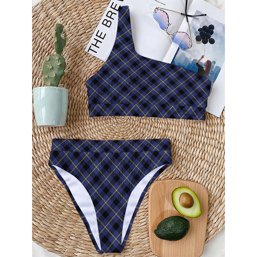 Blue Black And Yellow Plaid Print One Shoulder Bikini Top
