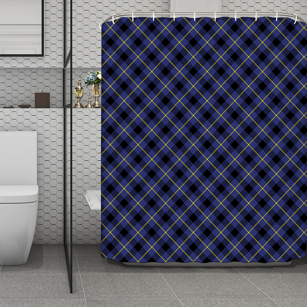 Blue Black And Yellow Plaid Print Polyester Shower Curtain