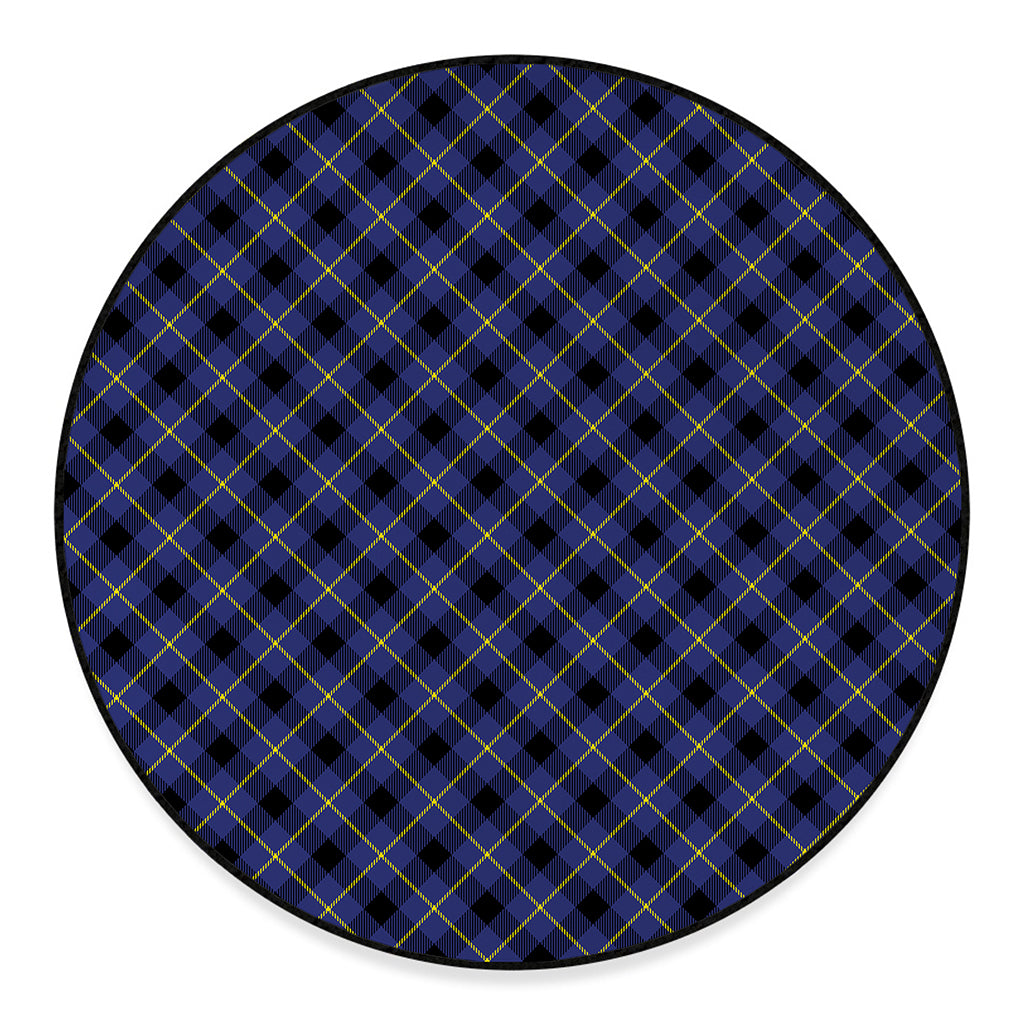 Blue Black And Yellow Plaid Print Round Floor Mat