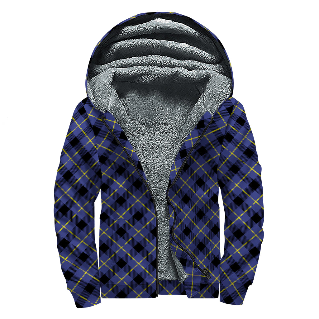 Blue Black And Yellow Plaid Print Sherpa Lined Zip Up Hoodie