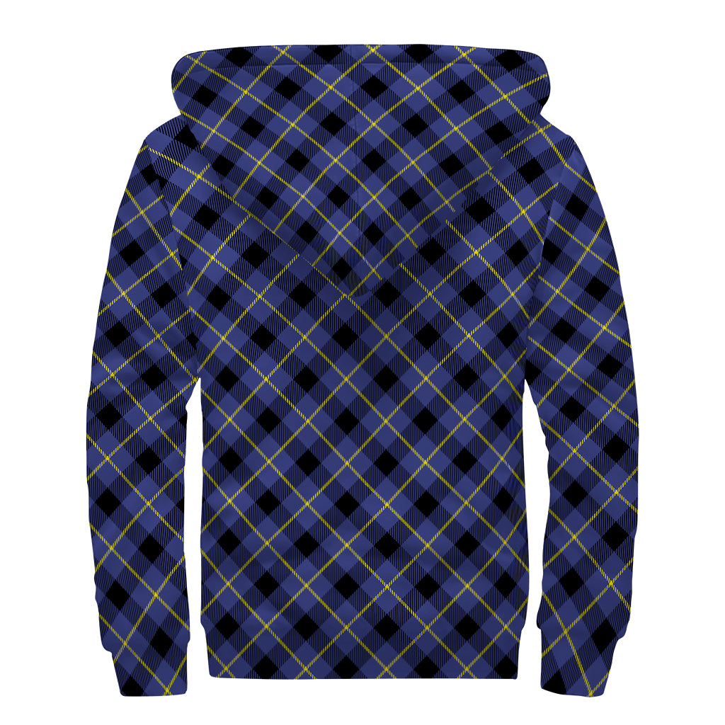 Blue Black And Yellow Plaid Print Sherpa Lined Zip Up Hoodie
