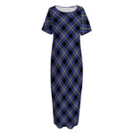 Blue Black And Yellow Plaid Print Short Sleeve Long Nightdress