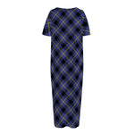 Blue Black And Yellow Plaid Print Short Sleeve Long Nightdress