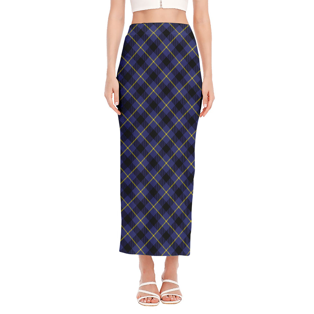 Blue Black And Yellow Plaid Print Side Slit Maxi Skirt