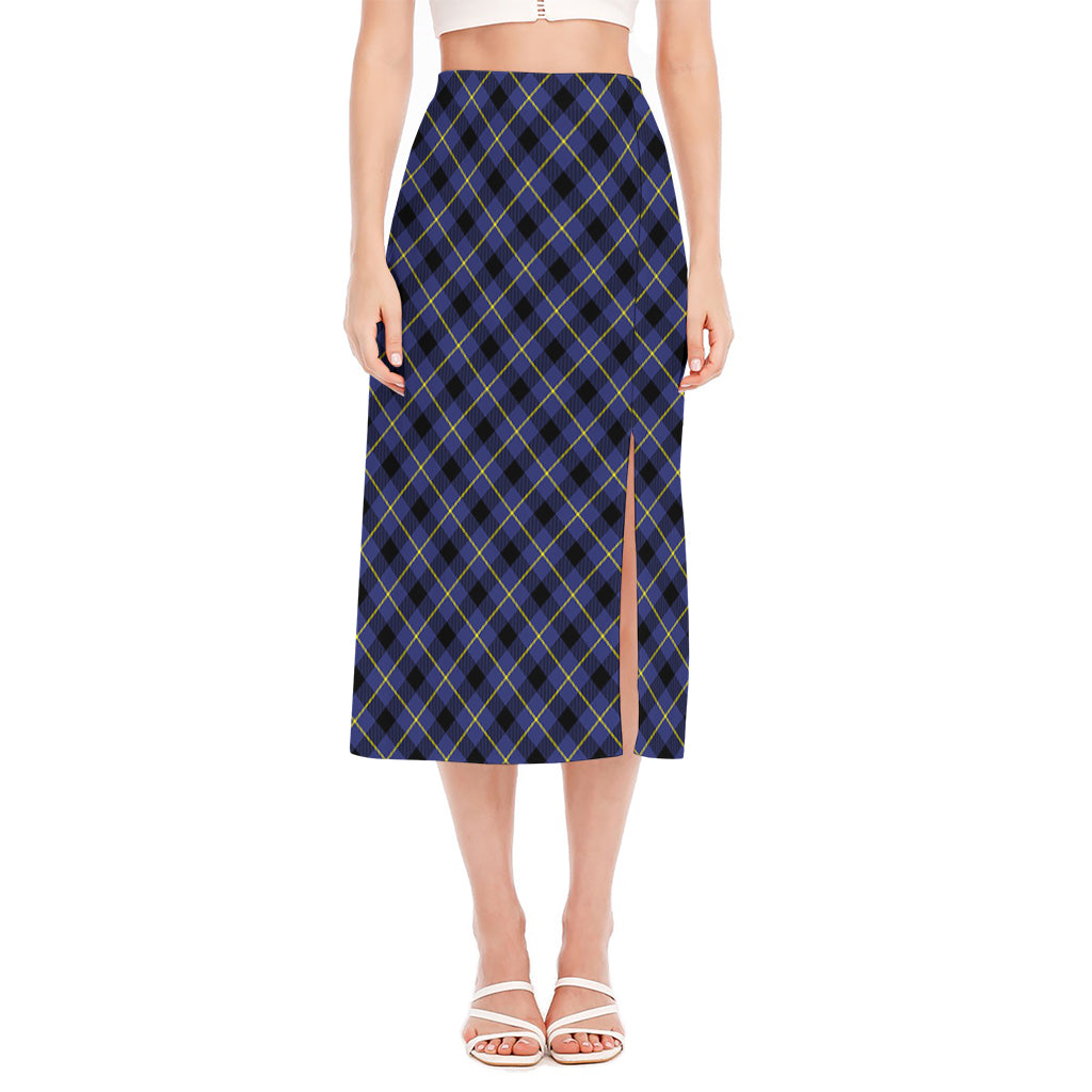 Blue Black And Yellow Plaid Print Side Slit Midi Skirt