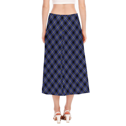 Blue Black And Yellow Plaid Print Side Slit Midi Skirt