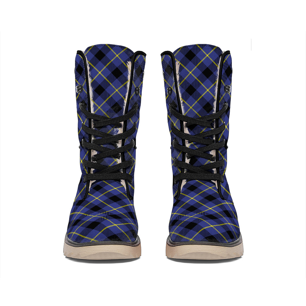 Blue Black And Yellow Plaid Print Winter Boots