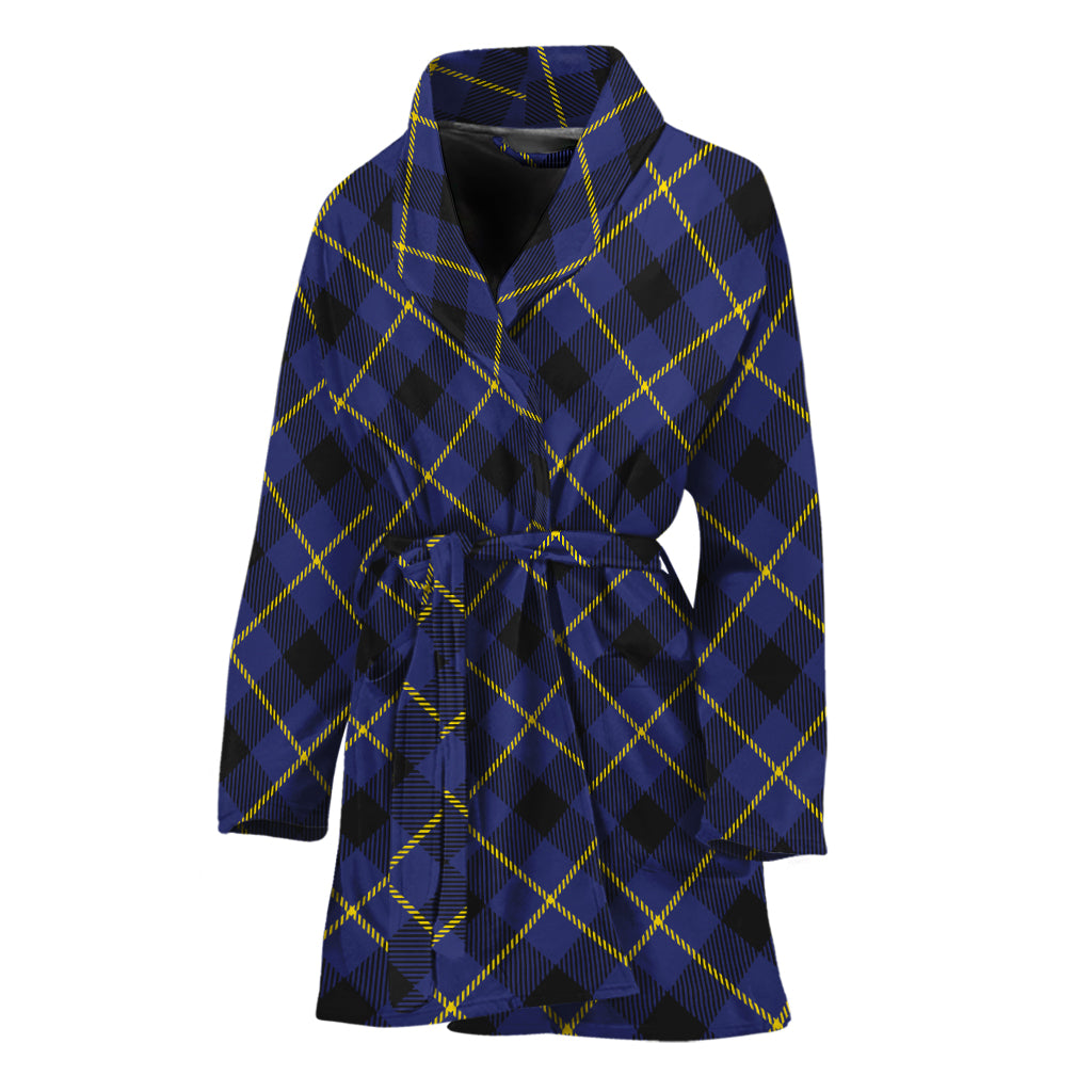 Blue Black And Yellow Plaid Print Women's Bathrobe