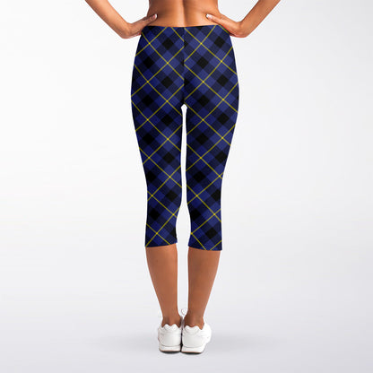 Blue Black And Yellow Plaid Print Women's Capri Leggings