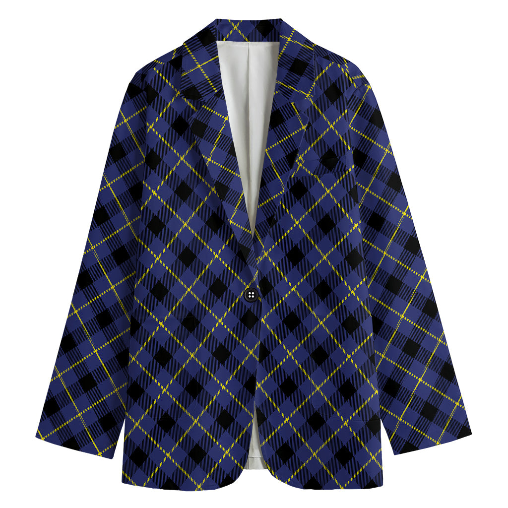 Blue Black And Yellow Plaid Print Women's Cotton Blazer
