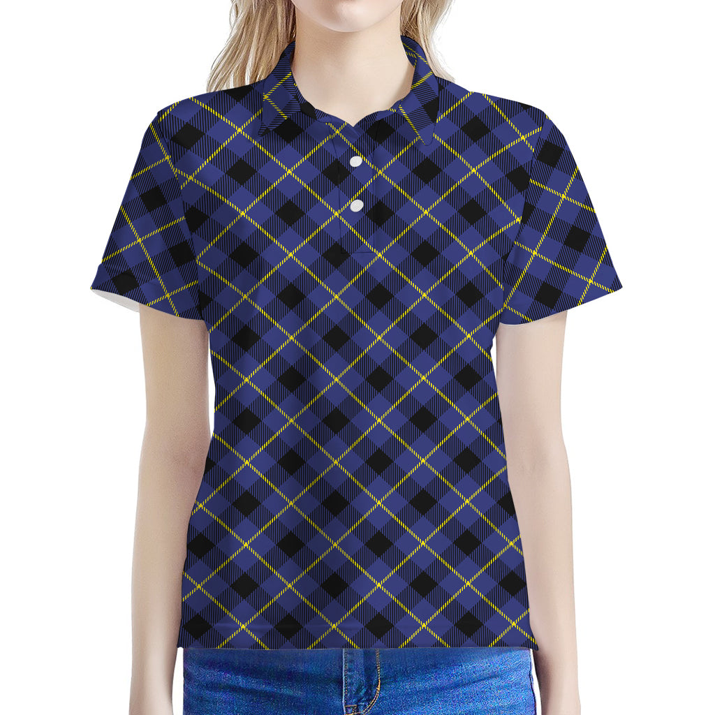 Blue Black And Yellow Plaid Print Women's Polo Shirt
