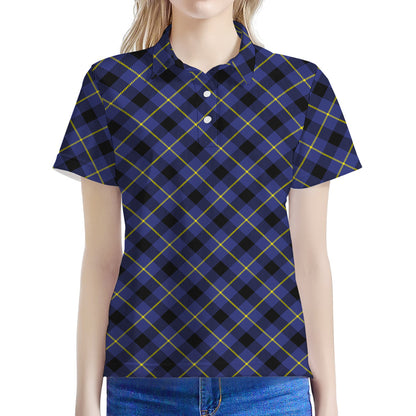 Blue Black And Yellow Plaid Print Women's Polo Shirt