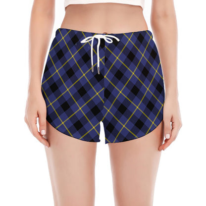 Blue Black And Yellow Plaid Print Women's Split Running Shorts