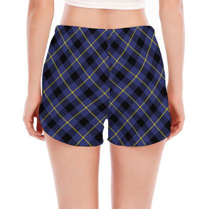 Blue Black And Yellow Plaid Print Women's Split Running Shorts