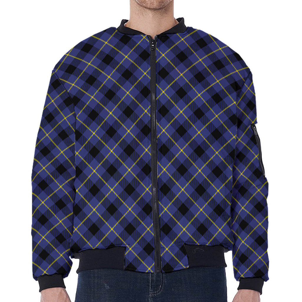 Blue Black And Yellow Plaid Print Zip Sleeve Bomber Jacket