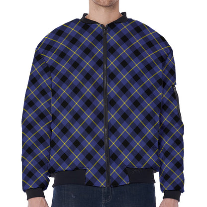 Blue Black And Yellow Plaid Print Zip Sleeve Bomber Jacket