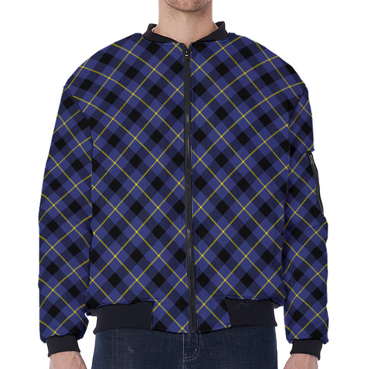Blue Black And Yellow Plaid Print Zip Sleeve Bomber Jacket