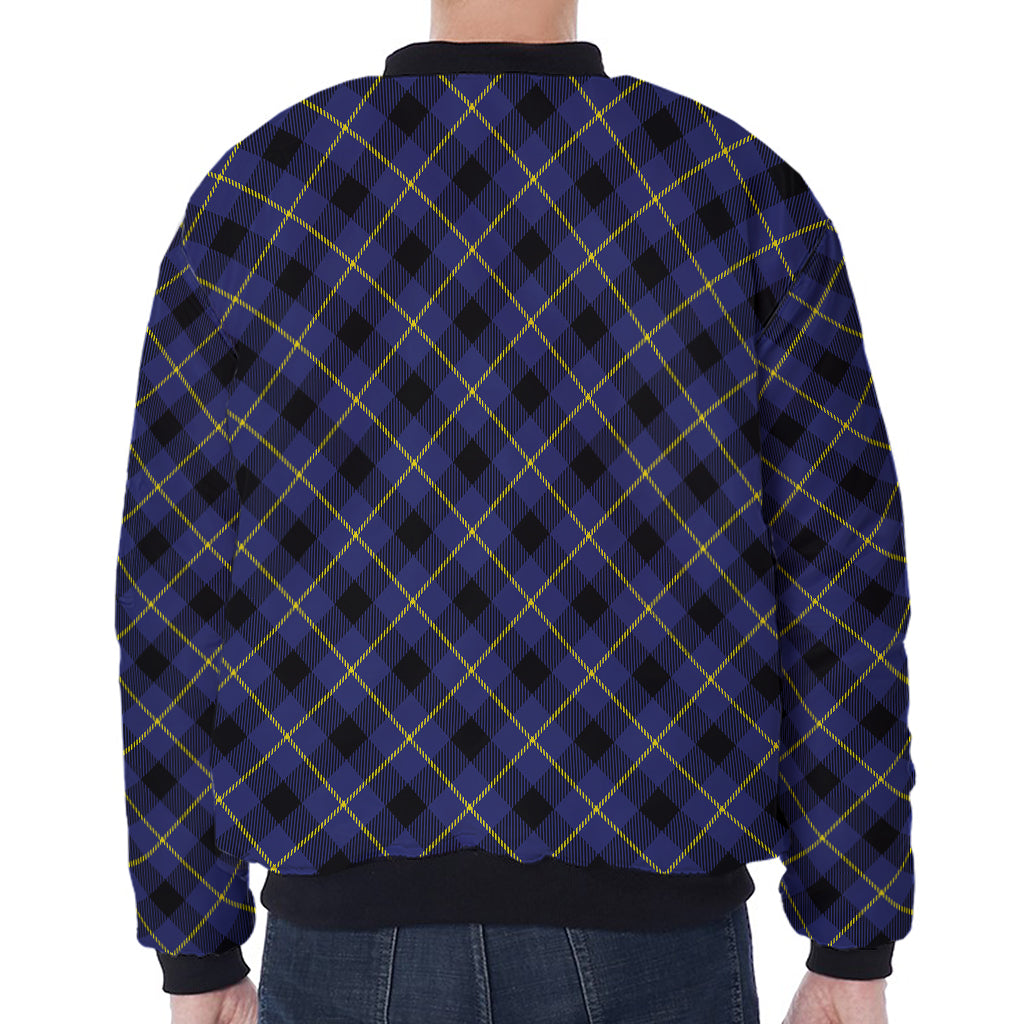 Blue Black And Yellow Plaid Print Zip Sleeve Bomber Jacket