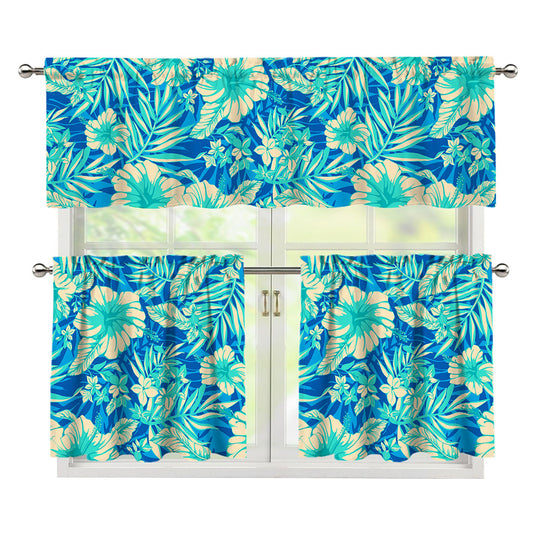 Blue Blossom Tropical Pattern Print 3 Piece Kitchen Curtains