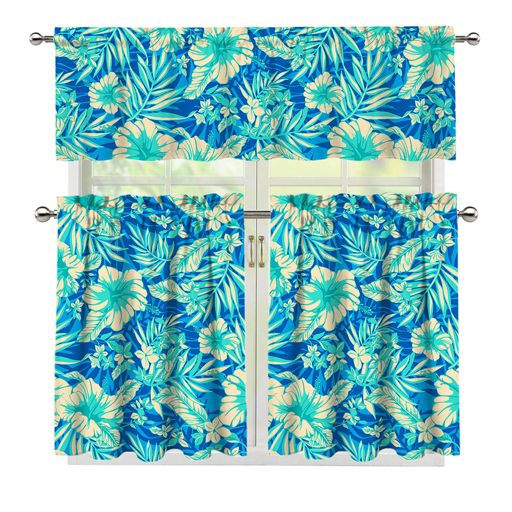 Blue Blossom Tropical Pattern Print 3 Piece Kitchen Curtains