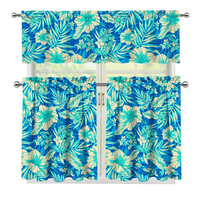 Blue Blossom Tropical Pattern Print 3 Piece Kitchen Curtains