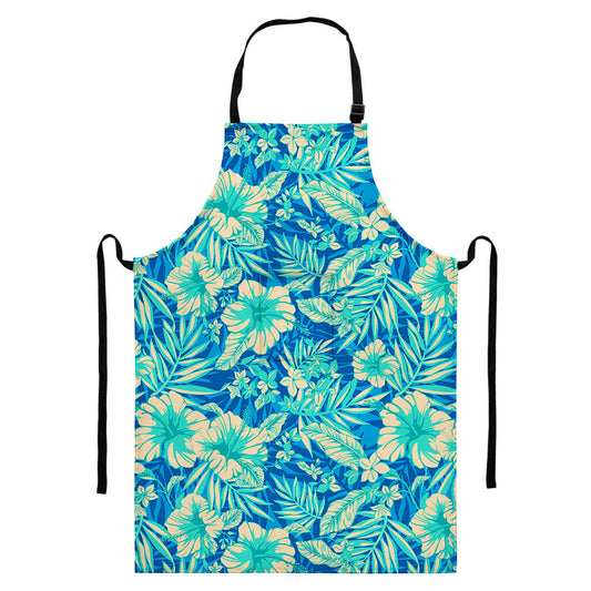 Blue Blossom Tropical Pattern Print Bib Apron With Pocket