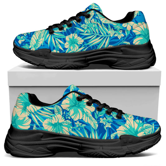 Blue Blossom Tropical Pattern Print Black Chunky Shoes