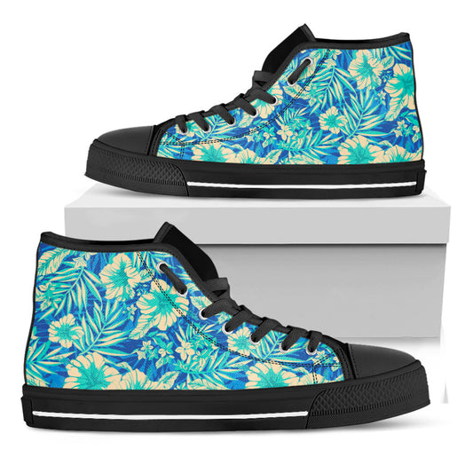 Blue Blossom Tropical Pattern Print Black High Top Sneakers