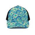 Blue Blossom Tropical Pattern Print Black Mesh Trucker Hat
