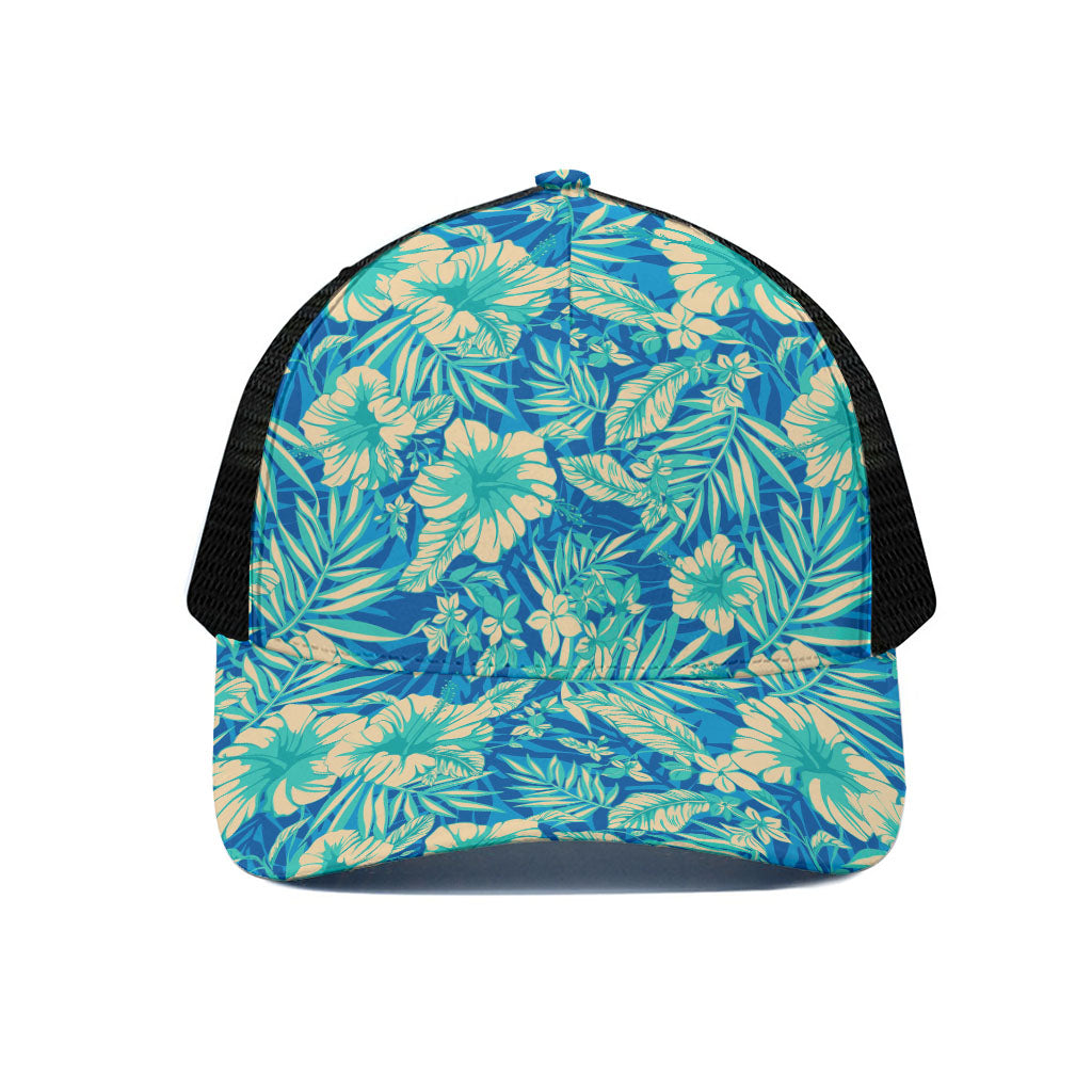 Blue Blossom Tropical Pattern Print Black Mesh Trucker Cap