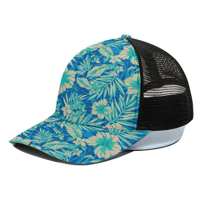Blue Blossom Tropical Pattern Print Black Mesh Trucker Cap