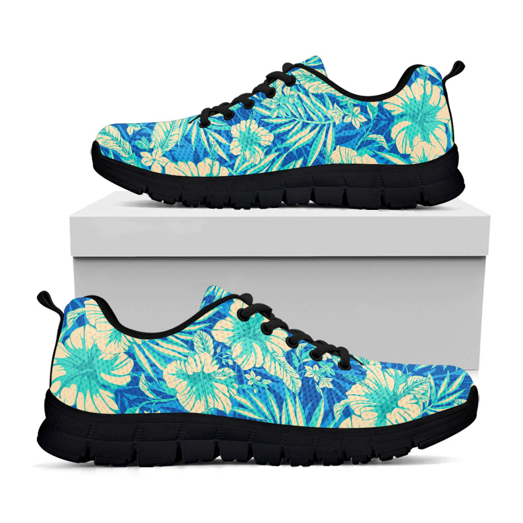 Blue Blossom Tropical Pattern Print Black Running Shoes